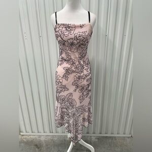 Vintage 90s Baby Pink Black Floral Velvet Asymmetric Hem Midi Slip Dress XS Hoco